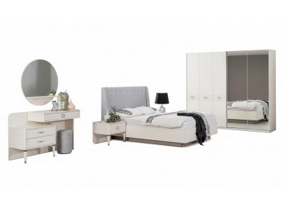 Garnitur Duebelbett Bettrahmen Stoff Schlofkummer Wäiss Holz Set 7 Stécker