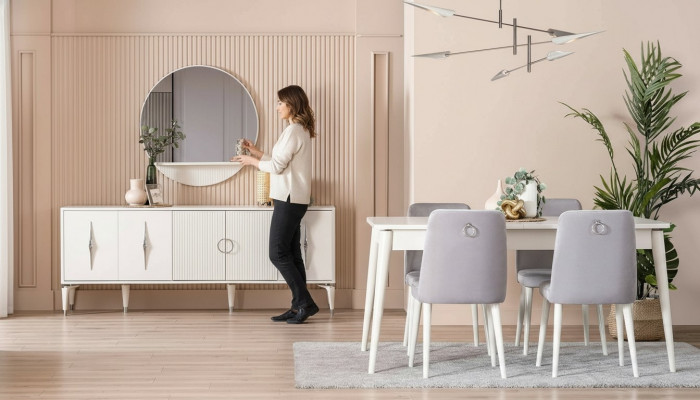Iessgruppe Garnitur Iesssall Iessdësch Set 9tlg Iesseck Wäiss Holz Grouss