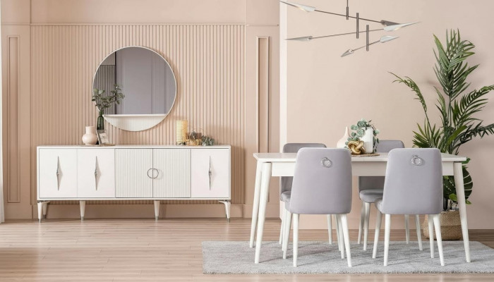 Iessgruppe Garnitur Iesssall Iessdësch Set 9tlg Iesseck Wäiss Holz Grouss