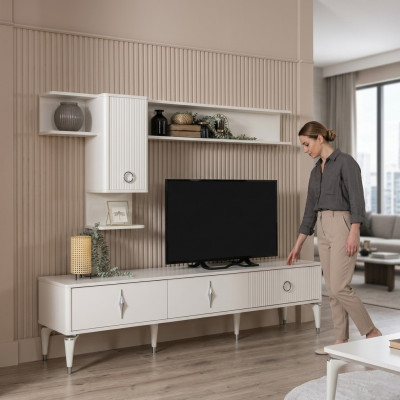 Komplett TV-Gestell Schaf Junggesell Rutgersche Lowboard Wunnzëmmer Regal Wäiss Holz
