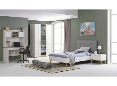 Kannerzëmmer Garnitur Kannerbett Jugendbett Bett Set 4-tlg Wäiss Holz