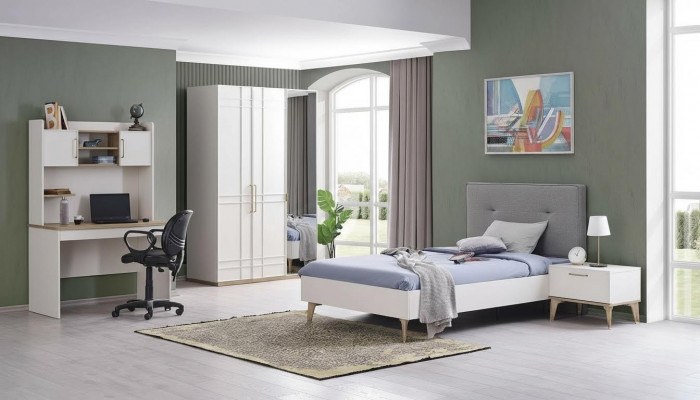 Garnitur Kannerzëmmer Kannerbett Jugendbett Bett Set 4 Deeler Wäiss Holz