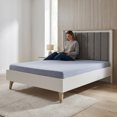 Bettgestell Kannerzëmmer Kannerbett 100 cm Jugendbett Holz Griis Stoff