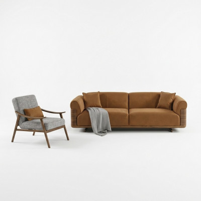 Sofagarnitur Komplett Gepolstert Sofa Braun Dräisëtzer Fotell Modern 3 Deeler