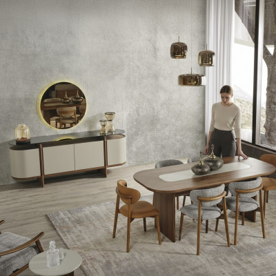 Iessgrupp Garnitur Issek Iessdësch Set 9 Deeler Iesszëmmer Braun Holz Nei