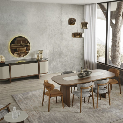 Iessgrupp Garnitur Issek Iessdësch Set 9 Deeler Iesszëmmer Braun Holz Nei