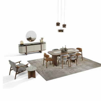 Iessgrupp Garnitur Issek Iessdësch Set 9 Deeler Iesszëmmer Braun Holz Nei