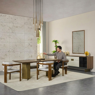 Iessplaz Iessgrupp Garnitur Iessdësch Set 9 Deeler Iesszëmmer Braun Holz Nei
