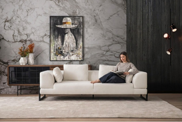 Dräi-Sëtzer Sofae 3-Sëtzer Polstersofae Wäiss Stoff Stoffsofa Holz Sofae