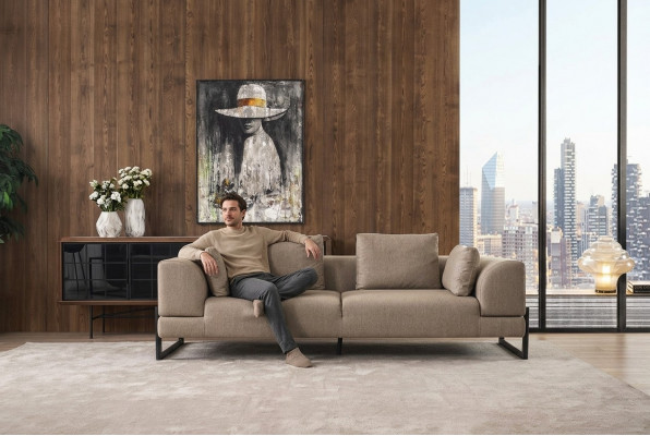 Sofa Dräisiichter 3 Sëtzer Polstersofa Griis Stoff Stoffsofa Holz Sofasen