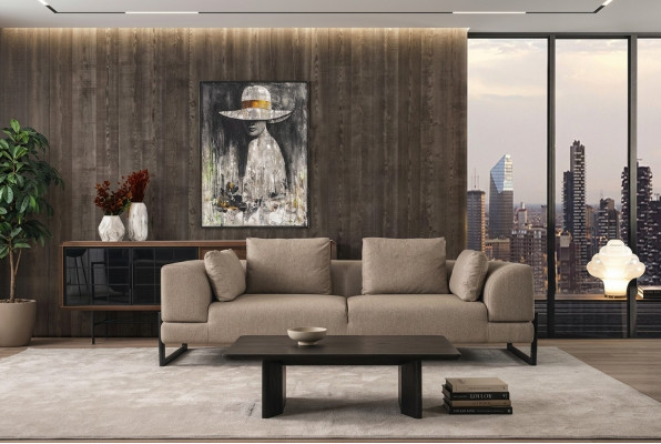 Sofa Dräisiichter 3 Sëtzer Polstersofa Griis Stoff Stoffsofa Holz Sofasen