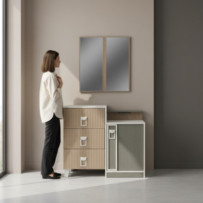 Schlofkummer Kommode Garnitur mat Spigel Holz Brong Set Konsolendësch