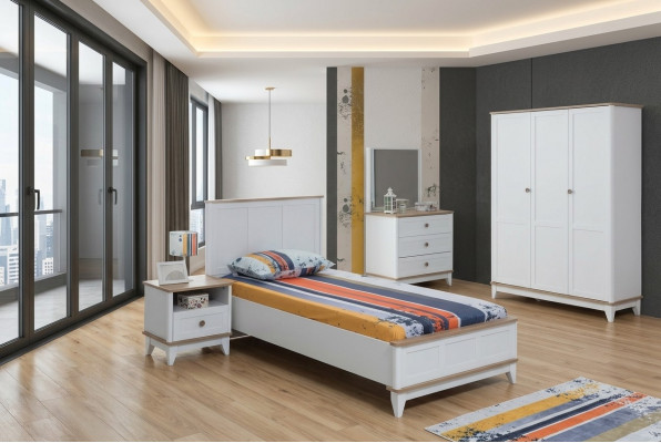 Set vu Miwwelen fir d’Kannerzëmmer an der Faarf Wäiss, Kannerbett, Nuetsdësch, Bett-Set 2 Deeler Holz