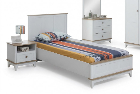 Set vu Miwwelen fir d’Kannerzëmmer an der Faarf Wäiss, Kannerbett, Nuetsdësch, Bett-Set 2 Deeler Holz