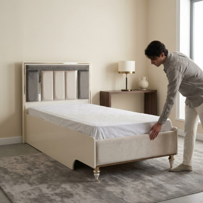 Kandebett Bettrahmen Bett 120cm Kannerzëmmer Bettgestell Beige Stoff