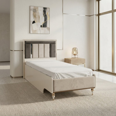 Kandebett Bettrahmen Bett 120cm Kannerzëmmer Bettgestell Beige Stoff