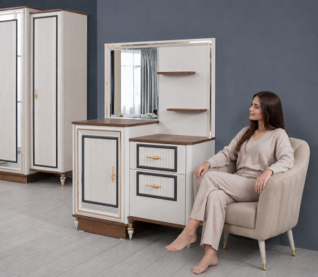 Schminktisch Garnitur mat Spigel Holz Schlofzëmmer Beige Konsole Set