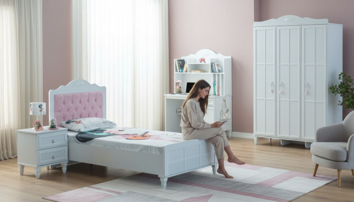 Weiß Grupp Kannerbett Kannermebel Kannerzëmmer Bett Holz Set 4tlg
