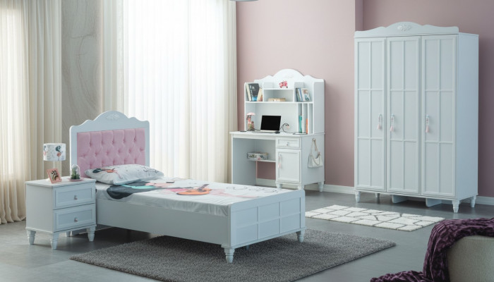 Weiß Grupp Kannerbett Kannermebel Kannerzëmmer Bett Holz Set 4tlg