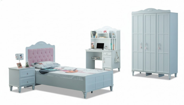 Weiß Grupp Kannerbett Kannermebel Kannerzëmmer Bett Holz Set 4tlg