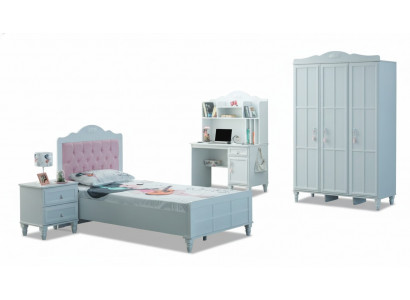 Weiß Grupp Kannerbett Kannermebel Kannerzëmmer Bett Holz Set 4tlg