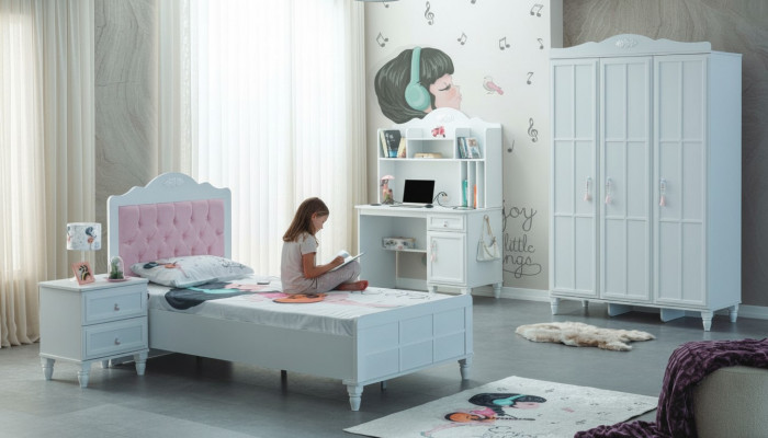 Komplett Kannermeubel Kannerbett Bett Holz Set 4-tlg Kannerszëmmer Wäiss