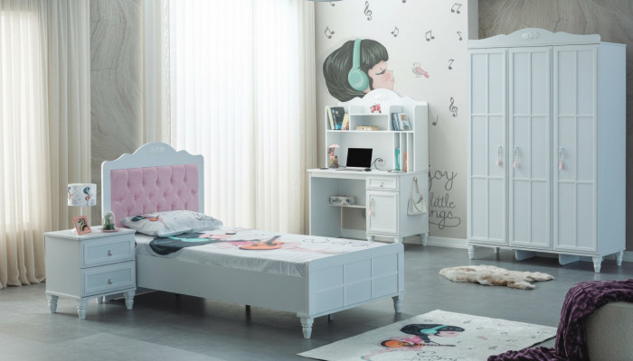 Komplett Kannermeubel Kannerbett Bett Holz Set 4-tlg Kannerszëmmer Wäiss