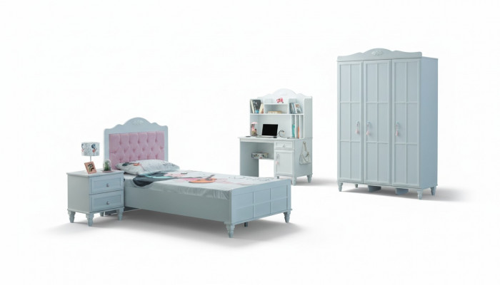 Komplett Kannermeubel Kannerbett Bett Holz Set 4-tlg Kannerszëmmer Wäiss