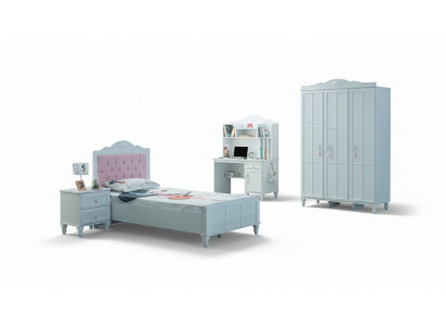 Komplett Kannermeubel Kannerbett Bett Holz Set 4-tlg Kannerszëmmer Wäiss