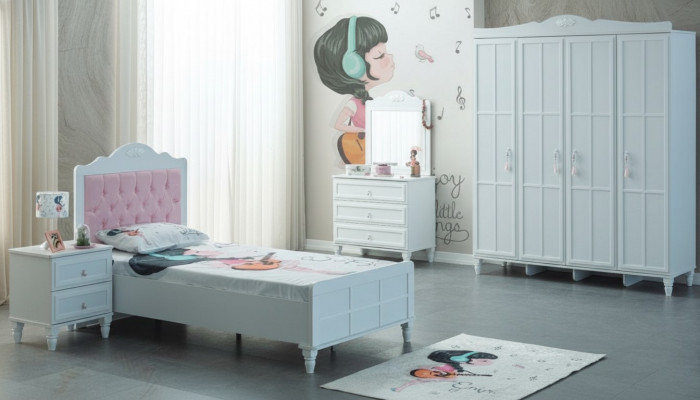 Luxus Komplett-Kanderméiwel Kannerbett Wäiss Holz Set 5tlg Kannerzëmmer
