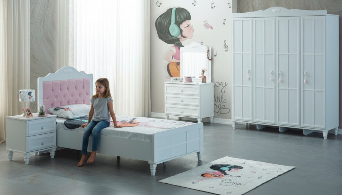 Kannerzëmmer Komplett Kannermebel Kannerbett Bett Holz Set 5tlg Wäiss