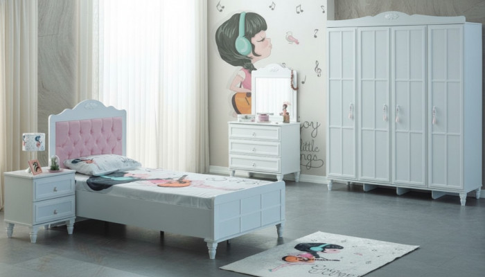 Kannerzëmmer Komplett Kannermebel Kannerbett Bett Holz Set 5tlg Wäiss