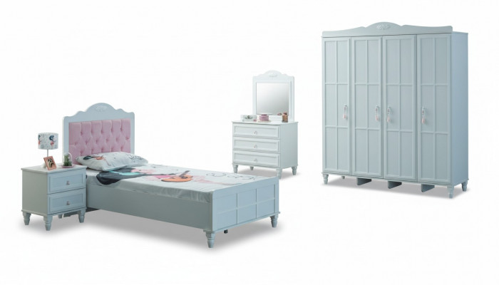 Kannerzëmmer Komplett Kannermebel Kannerbett Bett Holz Set 5tlg Wäiss