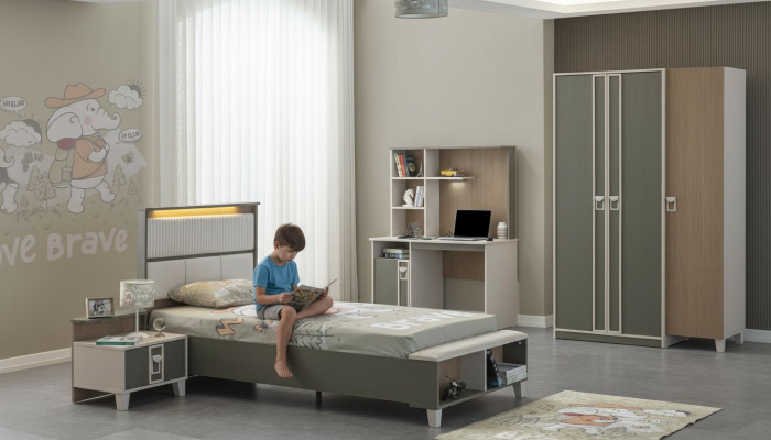 Garnitur Kannerzëmmer Bett Kannerbett Kannermeubel Grau Holz Set 4-Deel.