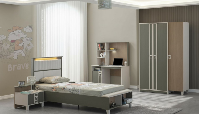 Garnitur Kannerzëmmer Bett Kannerbett Kannermeubel Grau Holz Set 4-Deel.