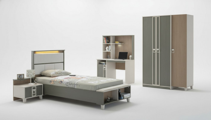 Garnitur Kannerzëmmer Bett Kannerbett Kannermeubel Grau Holz Set 4-Deel.