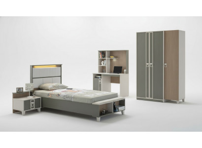 Garnitur Kannerzëmmer Bett Kannerbett Kannermeubel Grau Holz Set 4-Deel.
