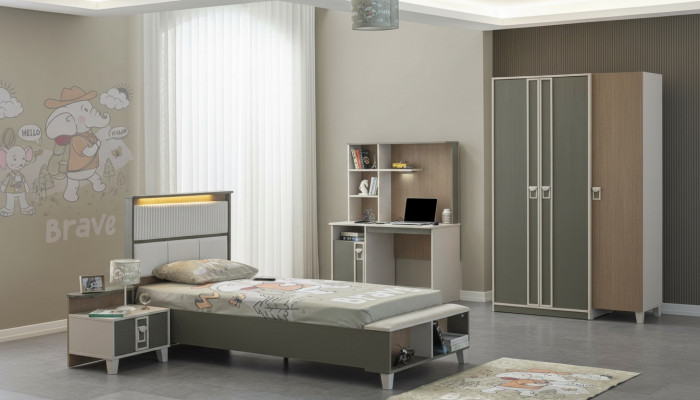 Kannersmiwwel Set Kannerzëmmer Bett Kannerbett Gro Holz Set 4-deelg