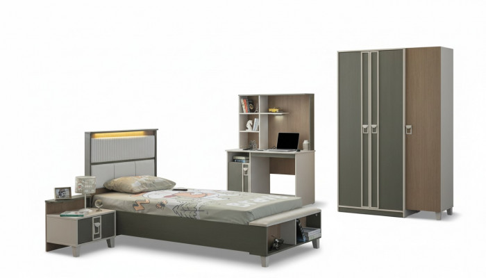 Kannersmiwwel Set Kannerzëmmer Bett Kannerbett Gro Holz Set 4-deelg