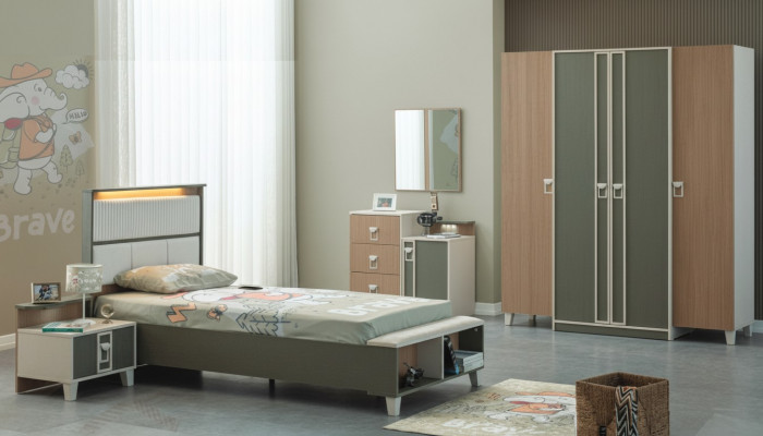 Komplett Kanner Miwwelen Kannerbett Bett Holz Set 5 Stécker Kannerzëmmer Gro