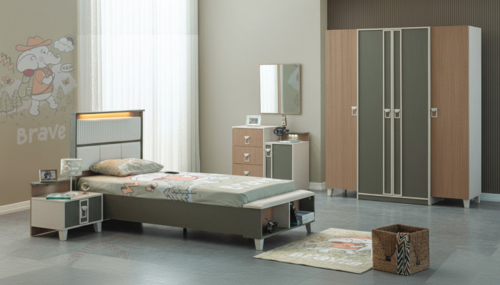 Modernt Komplett Kannerzëmmer Miwwelen Kannerbett Gro Holz Set 5 Stéck Nuechttesch.