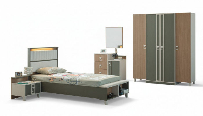 Modernt Komplett Kannerzëmmer Miwwelen Kannerbett Gro Holz Set 5 Stéck Nuechttesch.