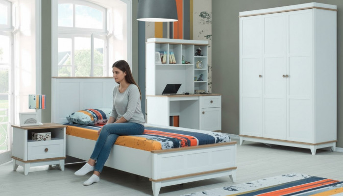 Komplett Jugendbett Kannersmëttel Kannerbett Wäiss Holz Set 4 Stéck Modern