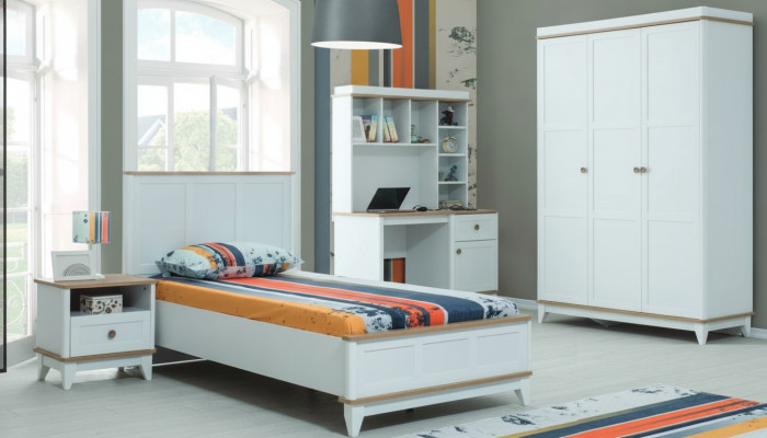 Komplett Jugendbett Kannersmëttel Kannerbett Wäiss Holz Set 4 Stéck Modern