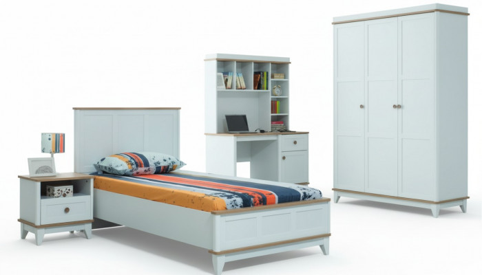 Komplett Jugendbett Kannersmëttel Kannerbett Wäiss Holz Set 4 Stéck Modern