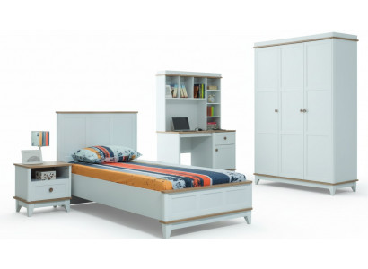 Komplett Jugendbett Kannersmëttel Kannerbett Wäiss Holz Set 4 Stéck Modern