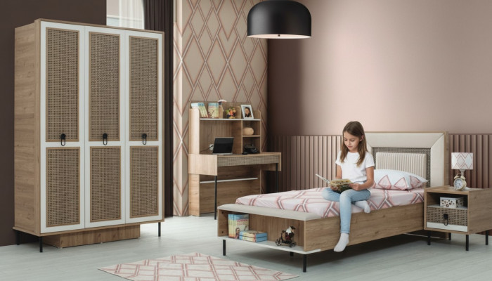 Modern komplett Kannersmöbel Kannerbett brong Holz Set 4 Deeler Bett Nei