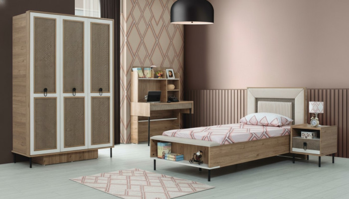 Modern komplett Kannersmöbel Kannerbett brong Holz Set 4 Deeler Bett Nei