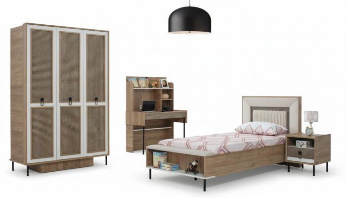 Modern komplett Kannersmöbel Kannerbett brong Holz Set 4 Deeler Bett Nei
