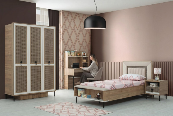 Kanner Miwwelen Set Kannerzëmmer Bett Kannerbett Brong Holz Set 4 Deeler
